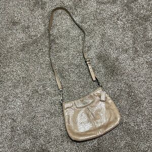 Coach shimmer tan gold crossbody purse silver accents neutral
